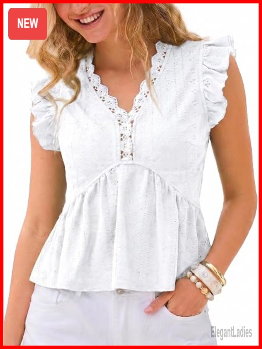 Women's Lace Crochet V-Neck Ruffle Sleeve Babydoll Tank Top Eyelet Blouse